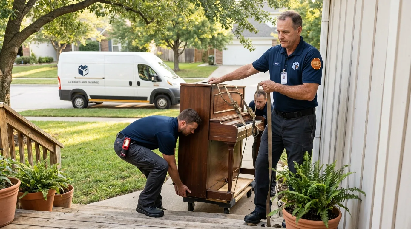 Licensed piano movers securing grand piano in Caruthers, CA