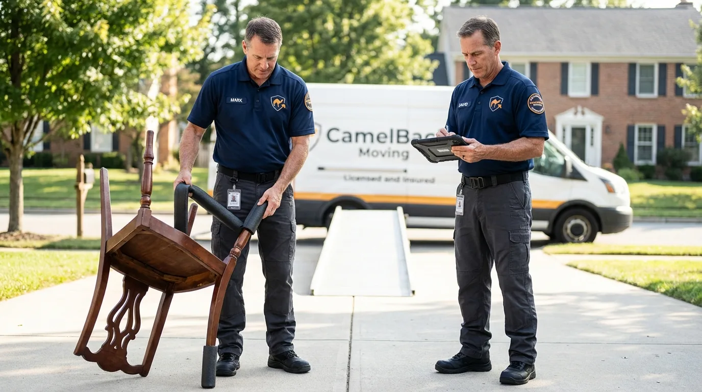 Movers inspecting furniture for damage prevention before loading in Caruthers, CA