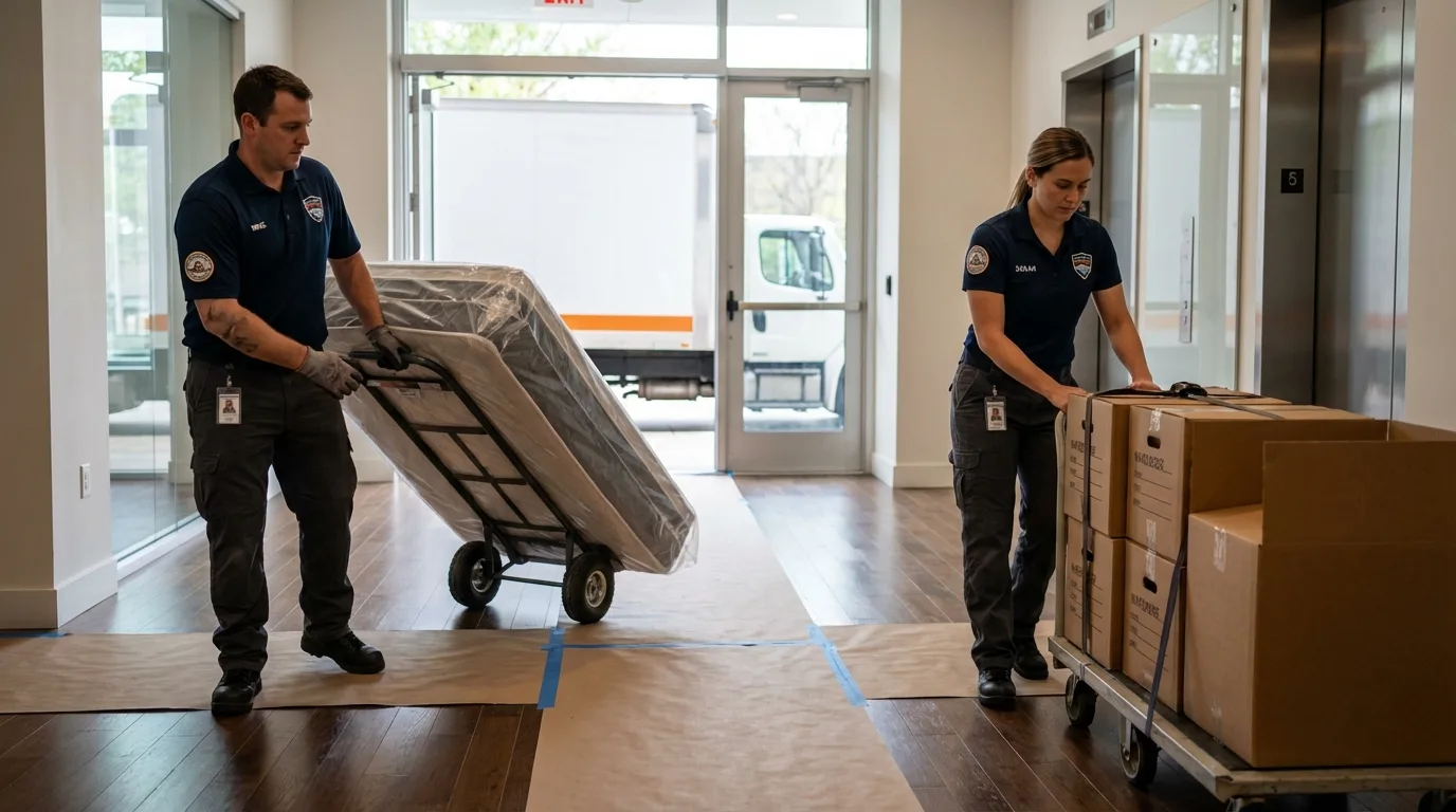 Professional apartment movers loading elevator in Caruthers, CA